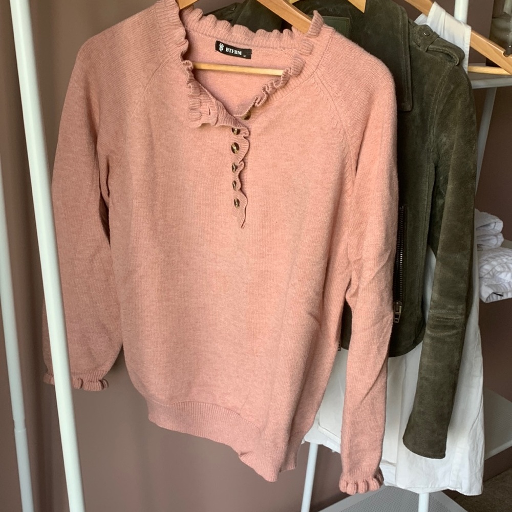 Ruffled quarter button sweater